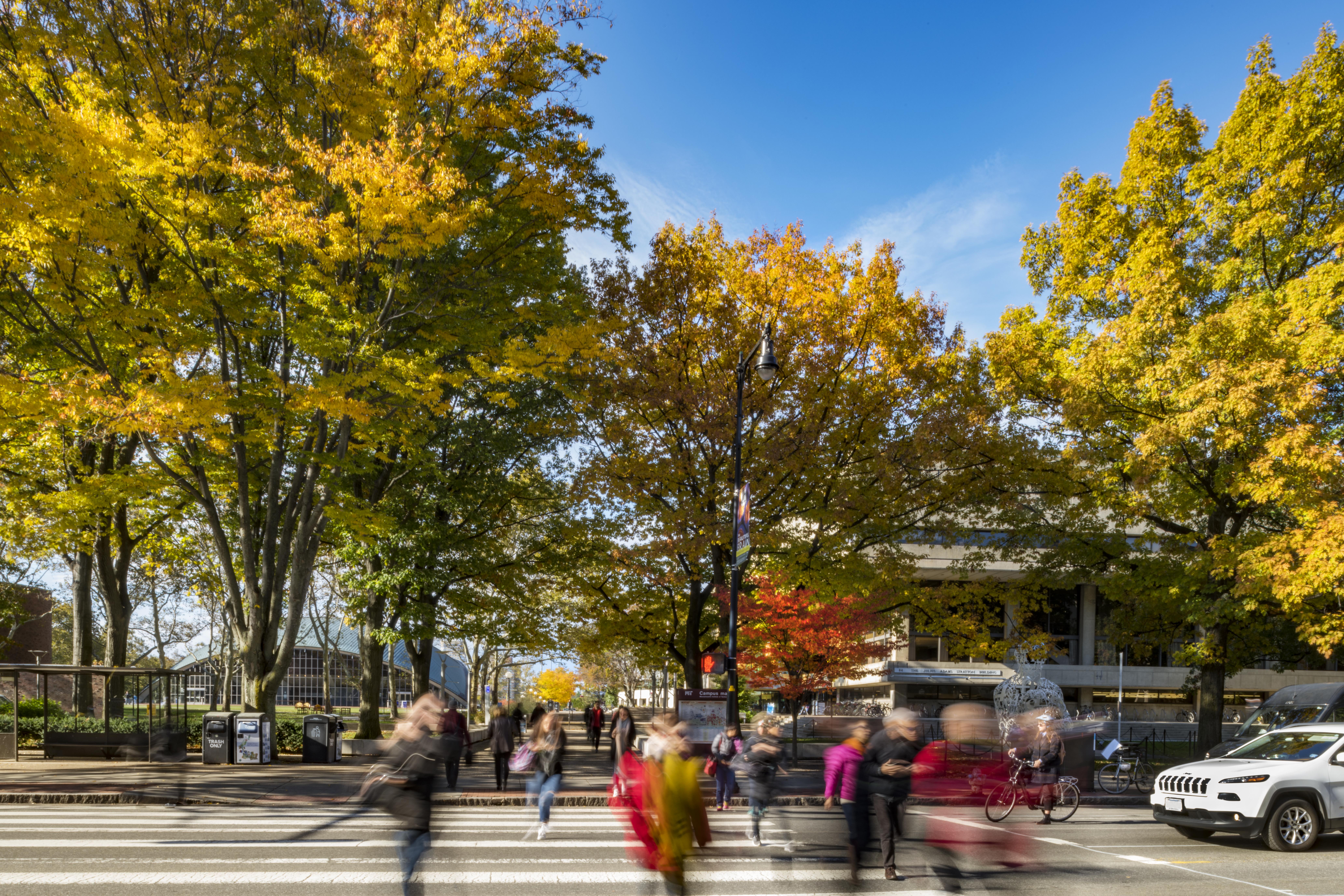 People crossing a street with colorful autumn trees and campus buildings in the background.